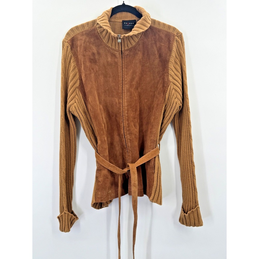 VTG Y2K Whimsigoth Camel Brown Suede Knit Cardigan XL Tie Waist Grunge Goblin